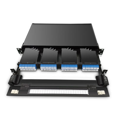 144 কোর 19&quot; 1U MTP ফাইবার MPO প্যাচ প্যানেল 4pcs OM3 MTP-LC ক্যাসেট সহ